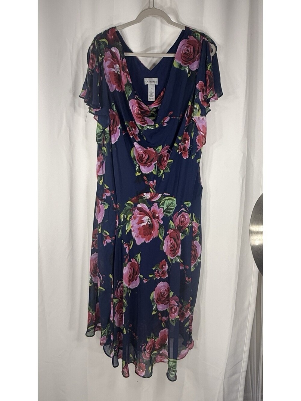 Catherines Plus 0X Navy Rose Floral Chiffon Midi Dress Cowl Neck Flutter Sleeve